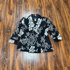 Alex Evenings Petite Floral Blazer Jacket Black White Shawl Collar SP Formal